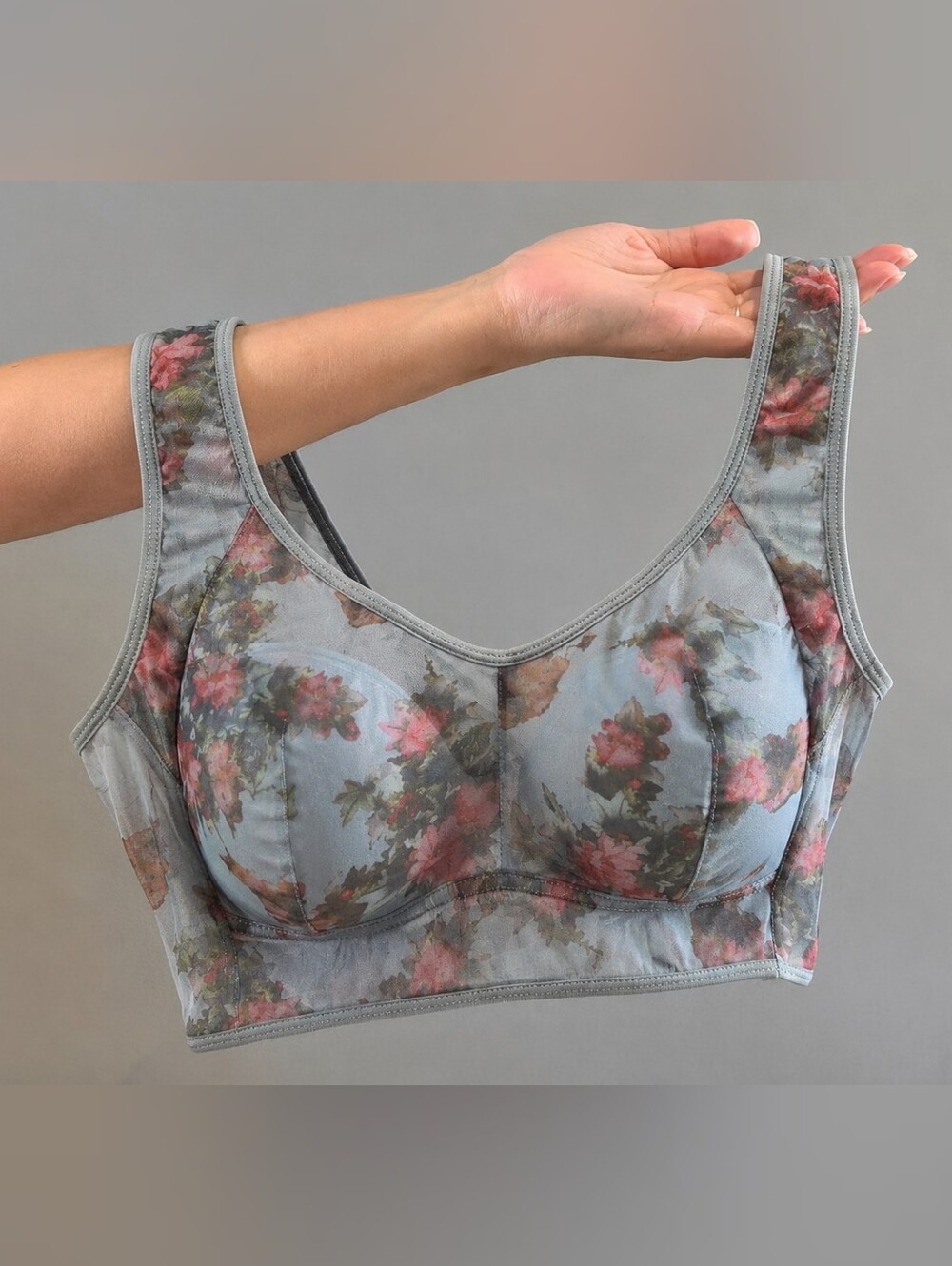 BRALETTE Light Blue Floral Bralette Mesh Wireless Longline Bra Soft Cup
